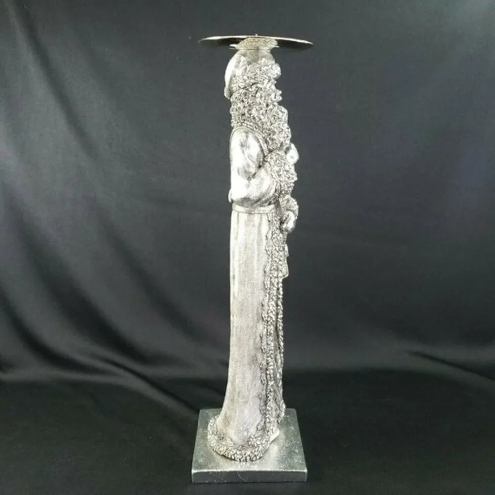 Santa Claus Pillar Candlestick Holder Silver Color Embossed‎ Christmas Holiday